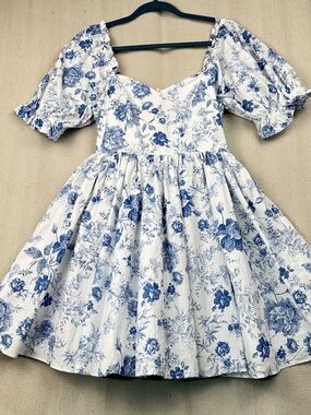 Audrey Parks Francesca's Blue Floral Babydoll Mini Dress With Puff Sleeves M